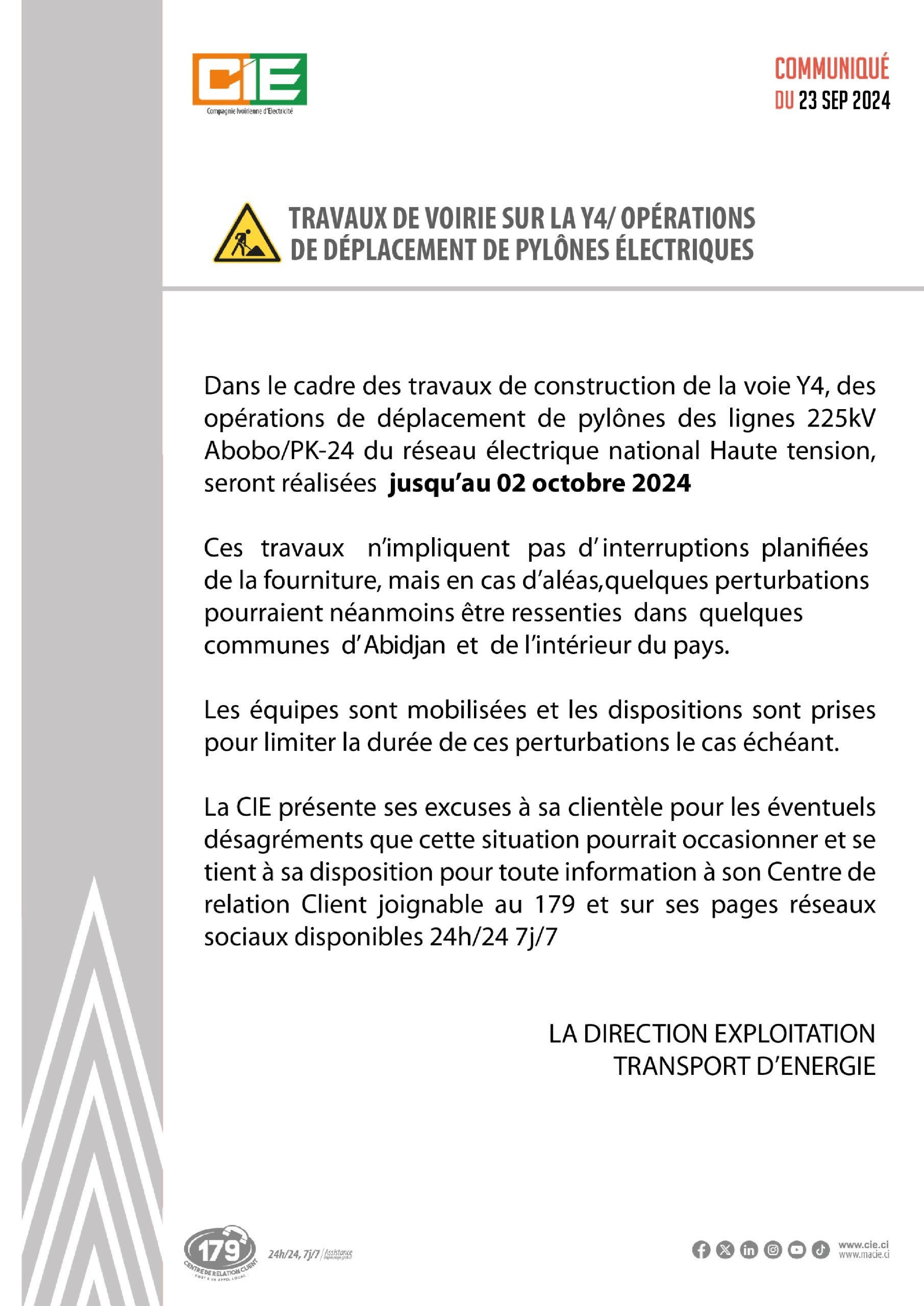 Communiqué CIE : indicent suite à des travaux de voirie